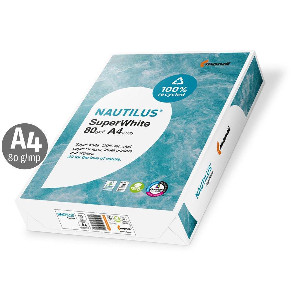 Hartie copiator reciclata, Nautilus, Super White A4, 80 g, 500 coli/top Hartie copiator reciclata, Nautilus, Super White A4, 80 g, 500 coli/top